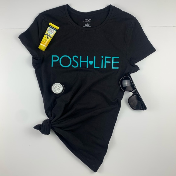 Black posh life t-shirt with turquoise font - Picture 1 of 3